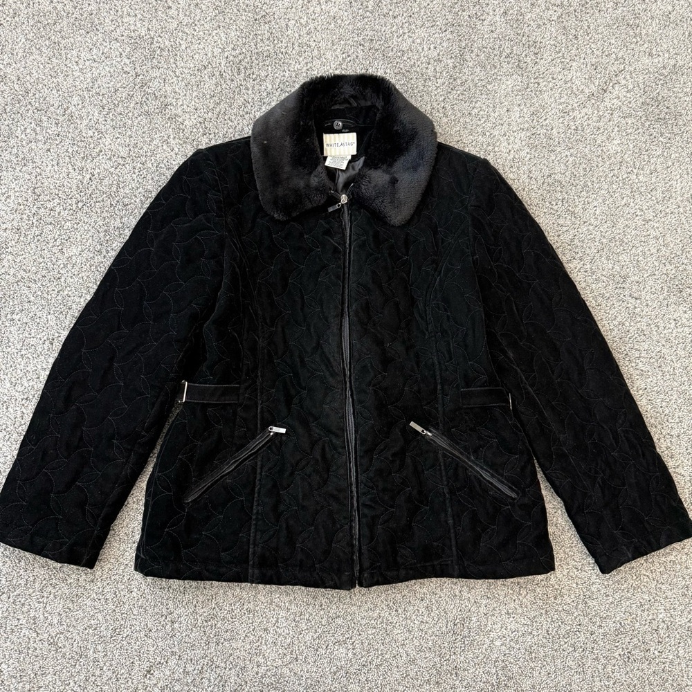 Vintage Black Velvet Removable Faux For Collar Quilted Mid Length Jacket Women L